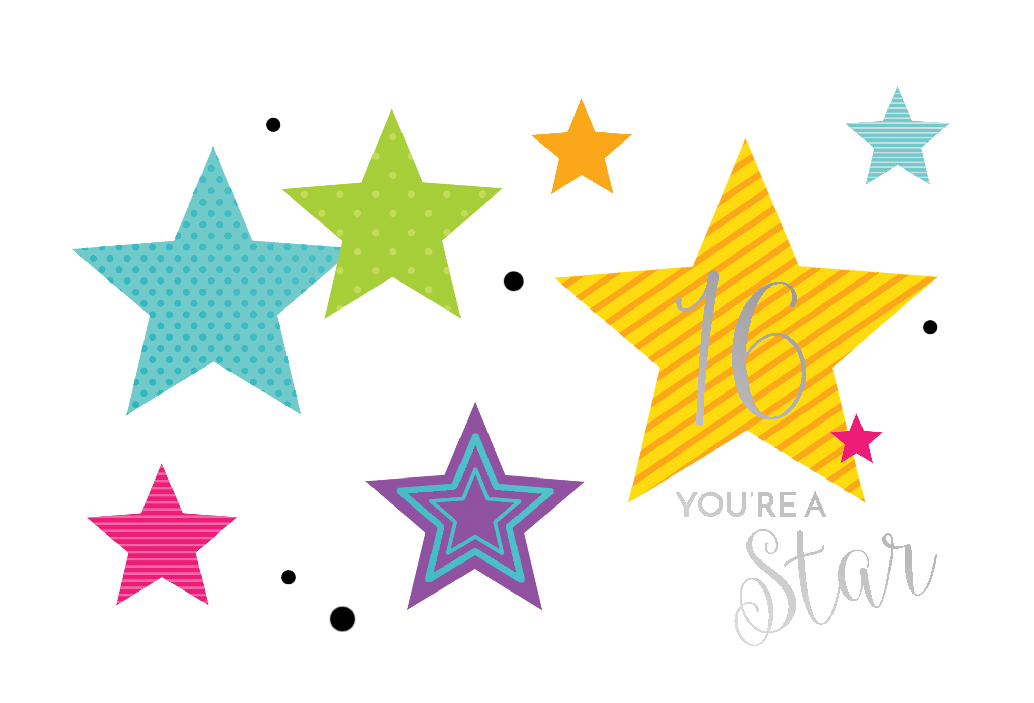 Pictura 16th Cluster of Stars birthday card featuring a celestial design with colorful stars and elegant script text.